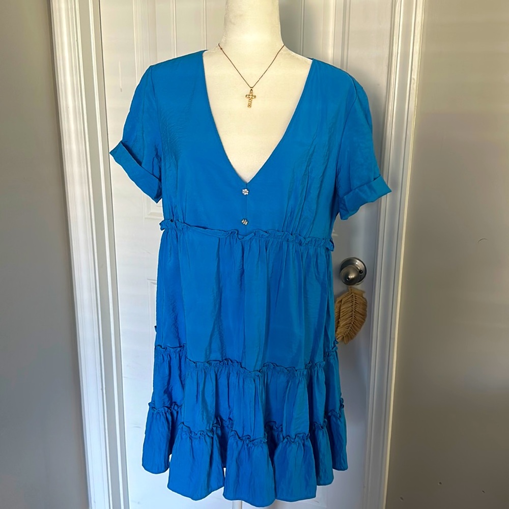 Zara aqua blue rhinestone accessorized short sleeve mini summer dress